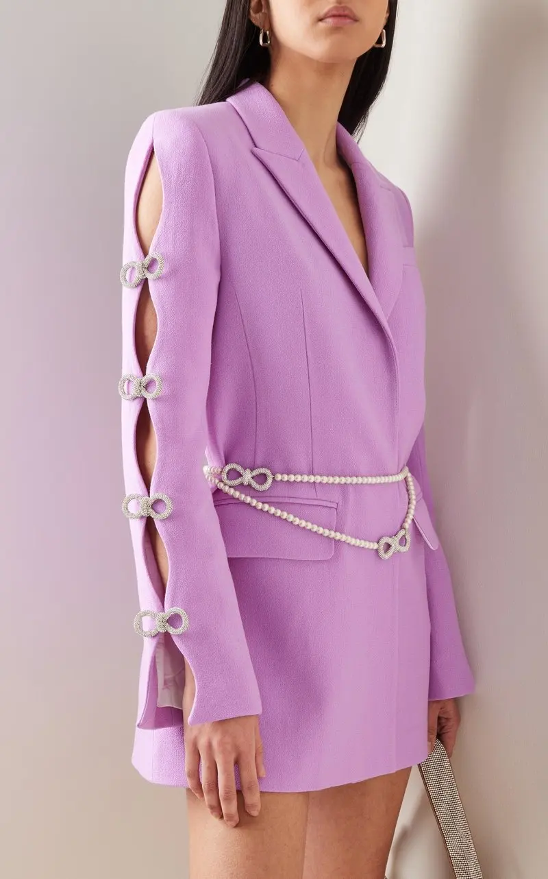 Women Fashion Suit Dress Notched Collar Slim Diamond Bow Hollow Out Sleeve Perl Belt Mini Dresses Autumn 2023