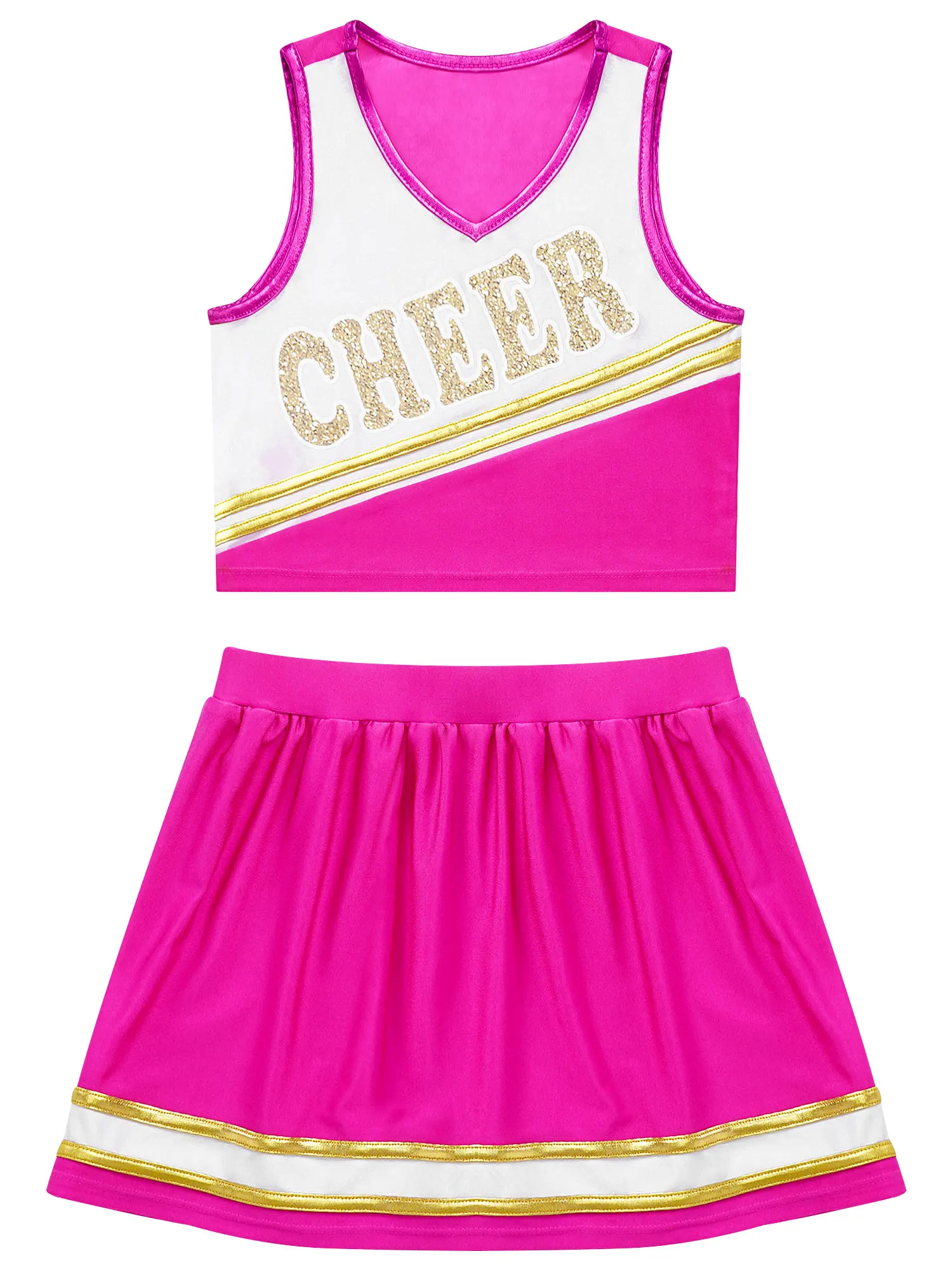 

Kids Girls Cheerleading Dance Clothes Set Sleeveless V Neckline Letter Print Crop Top with Elastic Waistband Skirt Dancewear
