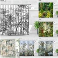Tropical Jungle Plants Shower Curtain Monkey Palm Trees Leopard Flamingo Parrot Green Leaves Scenery Bathroom Decor Curtains Set