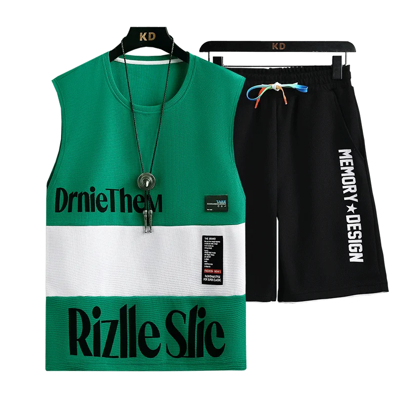 Live Broadcast Popular Sleeveless Vest Sportswear Suit Men's Summer Casual Running Summer Waffle Shorts T-shirt Men's Clothing