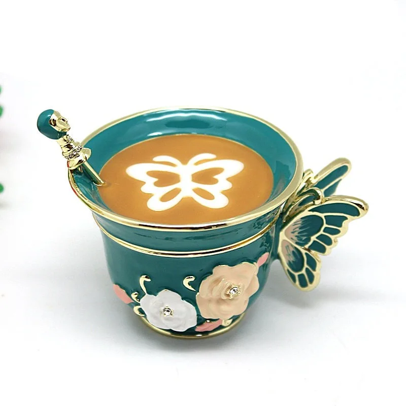 Vintage style Hand Painted Two Piece Set Coffee Cup with Flowers and Butterfly Trinket Box