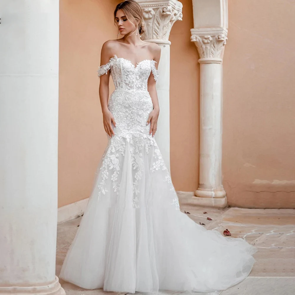 

Romantic Off The Shoulder Sleeveless Mermaid Wedding Dresses For Women 2023 Backless Lace Applique Bridal Gown Robe De Mariée