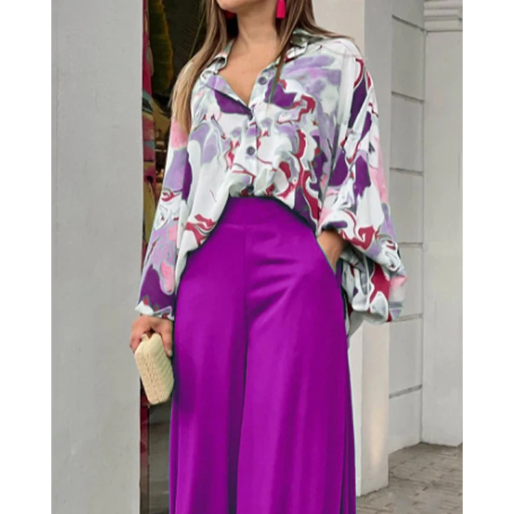 2023 Casual New Women Floral Print Long Sleeve Shirts Top & High Waist Wide Leg Pants Sets Oversized 2 Pieces Woman Summer