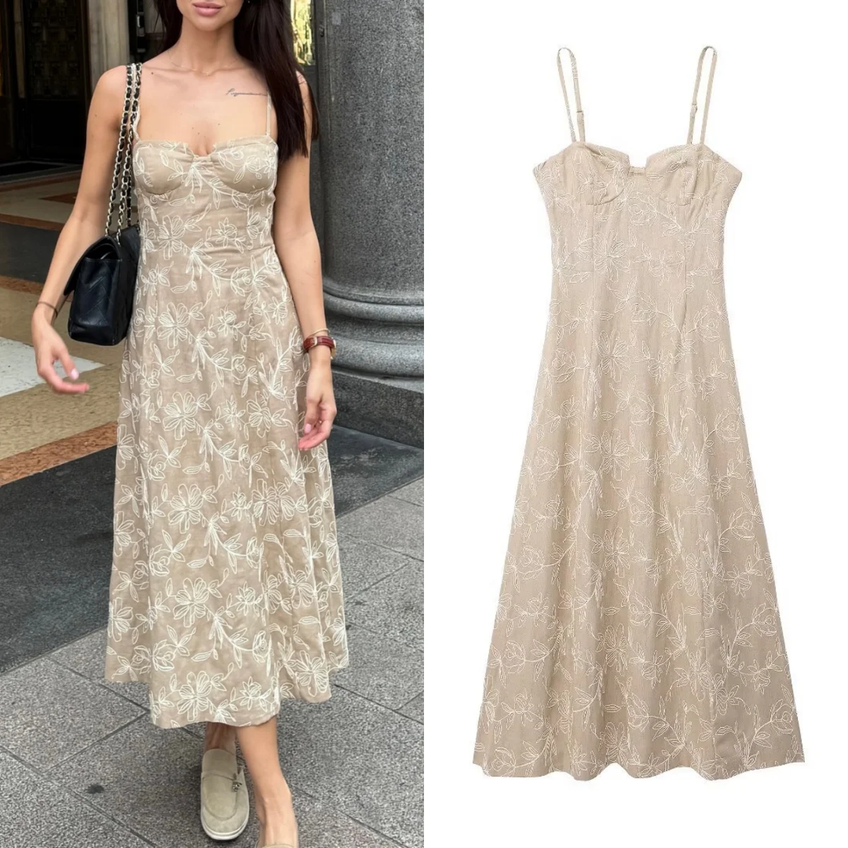 Платье-миди женское с вышивкой открытой спиной и регулируемыми бретельками