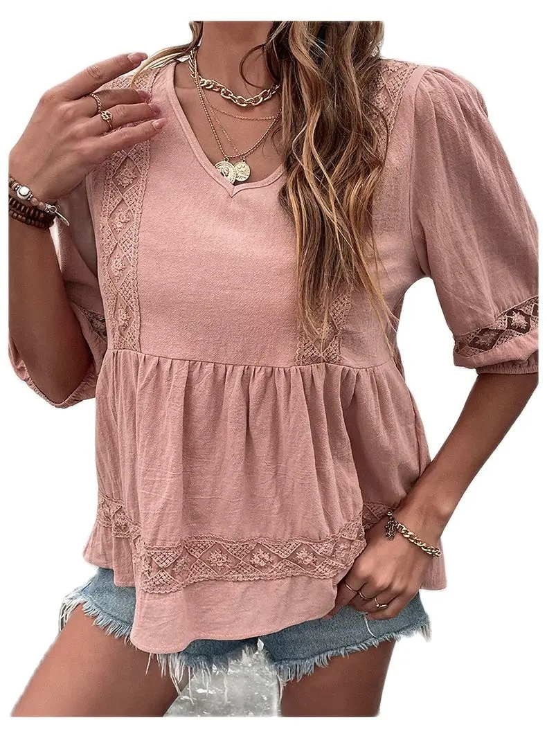Women's Blouse2023 Spring/Summer New Solid Loose Lace Shirt Casual Women's Pink Cotton Hemp Shirt Women