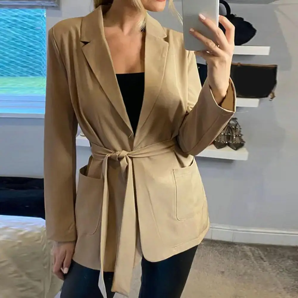 

Женский однотонный Блейзер, Кардиган с длинным рукавом и облегающим поясом, Официальный жакет с высокой талией и отложным воротником, осенн...