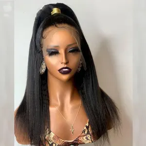 Kinky Straight Synthetic Lace Front Wig Soft Black Synthetic Yaki Wigs for Black Women Fiber Hair Cosplay Wigs Daily Wig