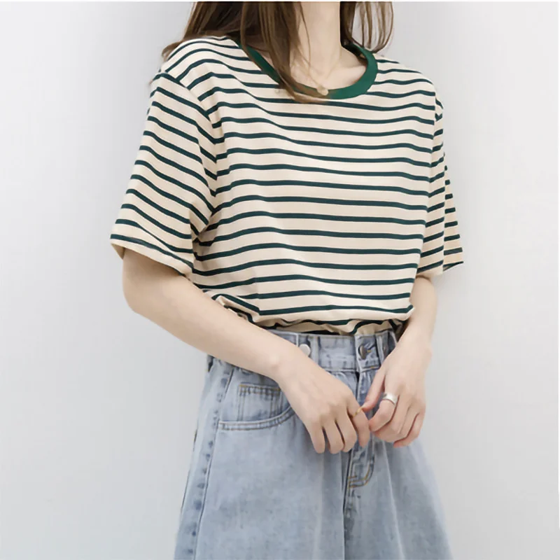

Loose Short Sleeve Striped Tee Shirt Women Summer O-Neck Casual Cotton T-shirt Female Basic Korean Tops Harajuku Goth