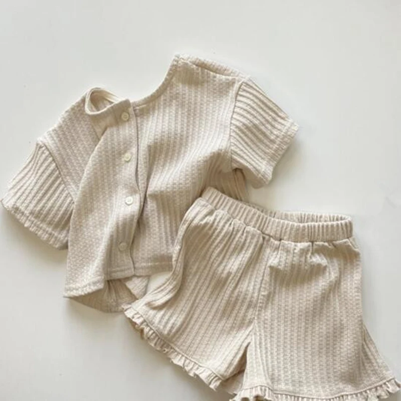 

Menoea Casual Children's Suit Summer Boys and Girls Waffle Set Cotton Short-sleeved Top Baby Cotton Shirt + Lace Shorts Suit