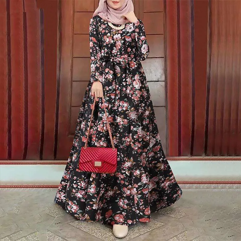 Elegant Floral Muslim Dress Women Printed Sundress Kaftan Turkey Abaya Hijab Vestidos Belted Female Robe Islam Clothing
