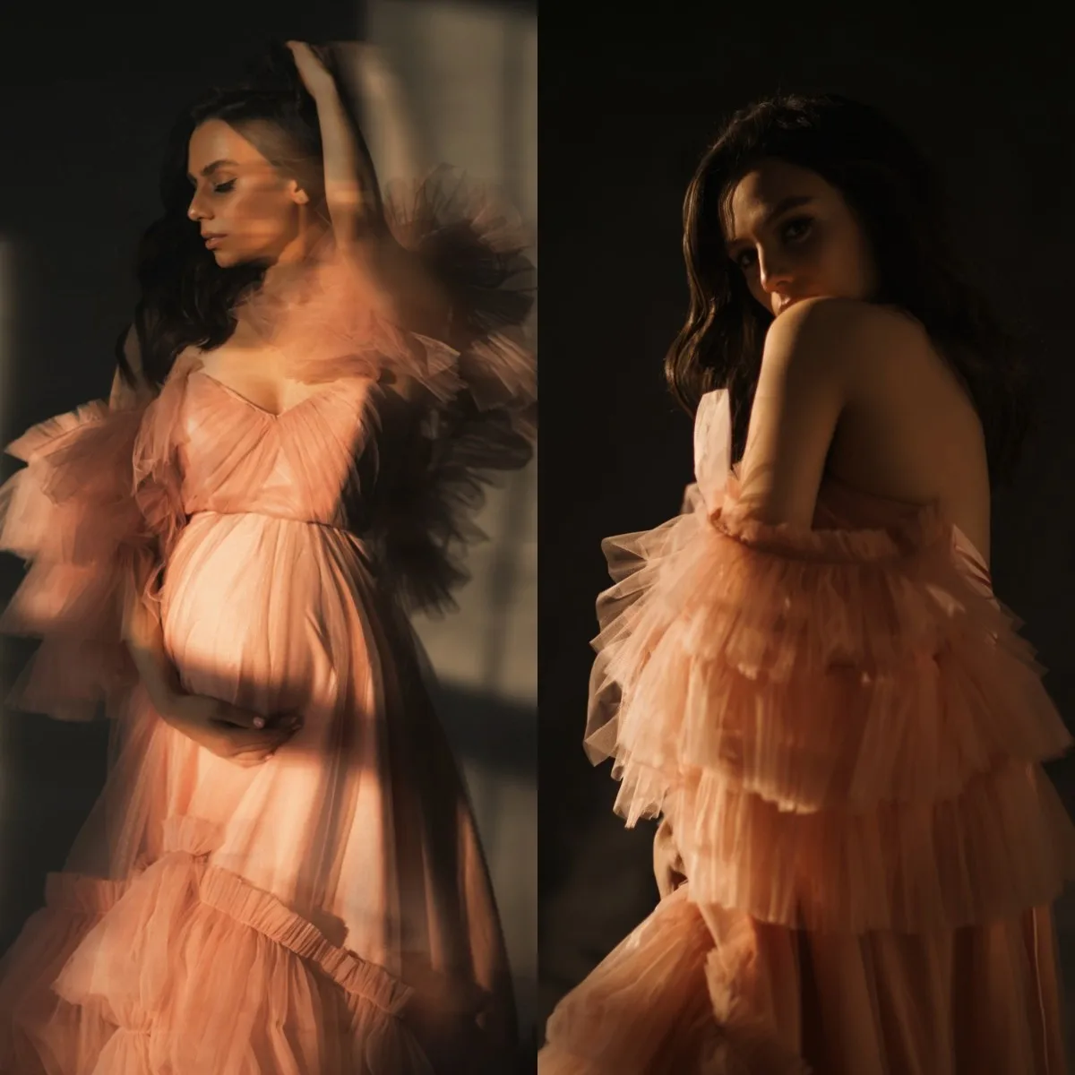 

Dusty Pink Maternity Dress Sweetheart Neck Off The Shoulder Women's Prom Gown Long Tiered Ruffles For Pregnancy Bsbyshower