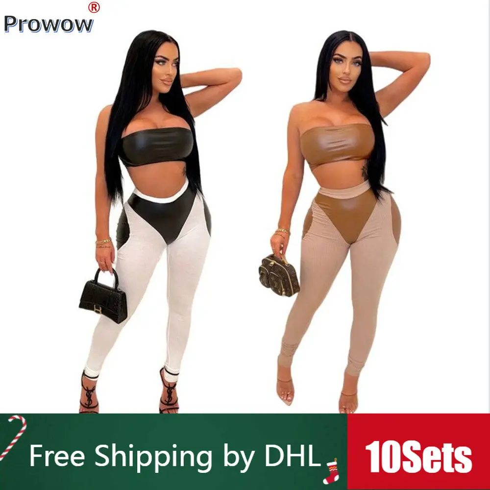 

Женский спортивный костюм из искусственной кожи, черный пуловер без бретелек и леггинсы, комплект из 10 комплектов, 2023