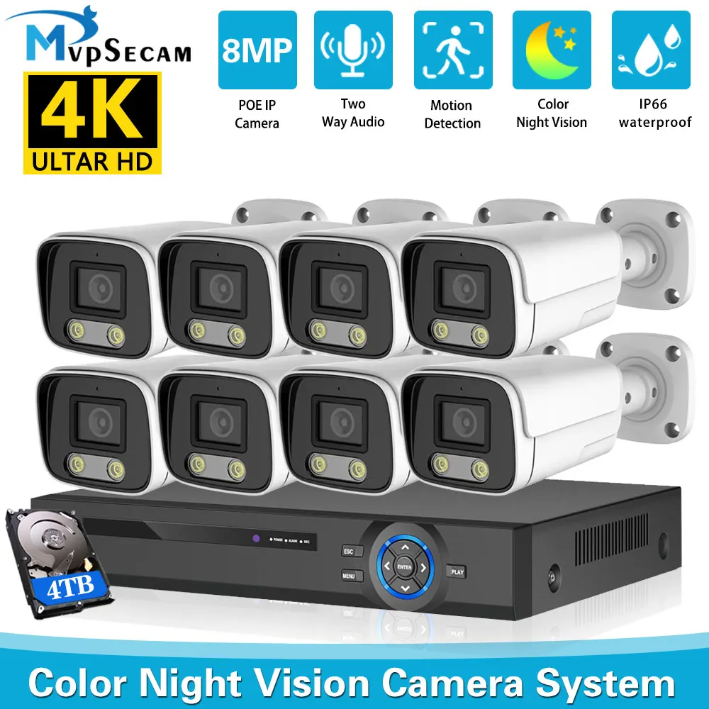

Mvpsecam 4K 8MP POE Security Camera System 8CH POE NVR Kit Outdoor Waterproof 2 Way Audio CCTV Video Surveillance System