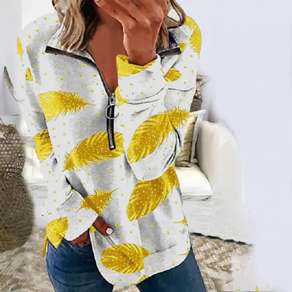 

Women Shirt Lapel Collar Ladies Top Feather Printing Zipper Casual Long Sleeve Loose Women Autumn Pullover Shirt for Daily Wear