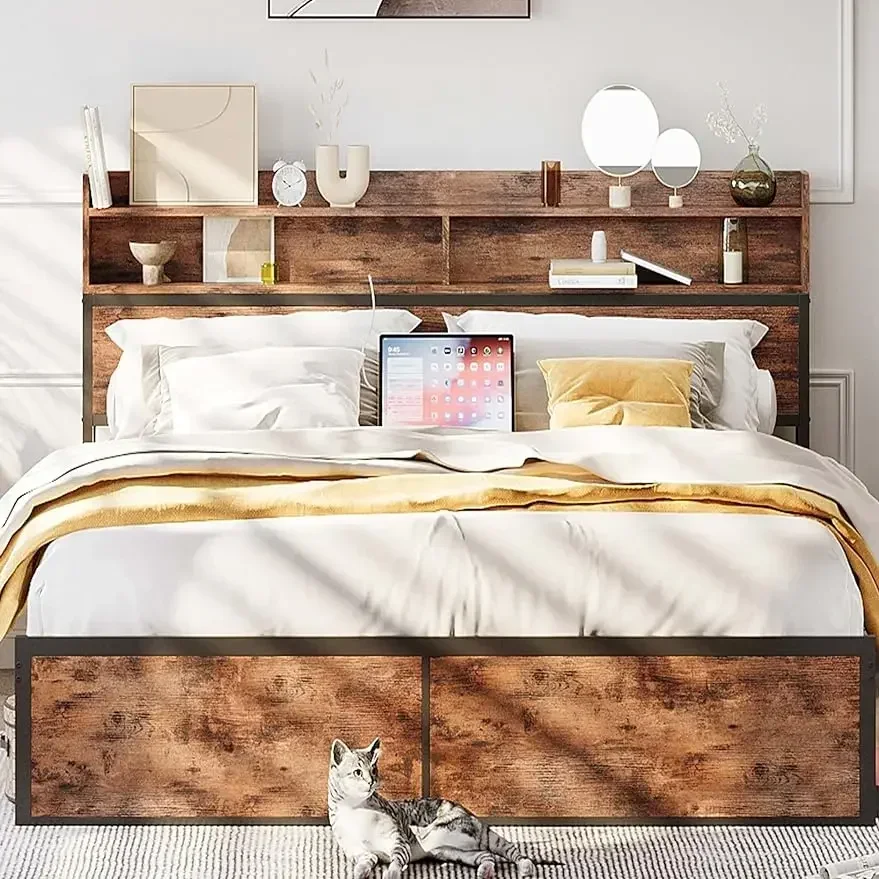 Каркас кровати размера queen-size с изголовьем книжного шкафа и зарядной станцией