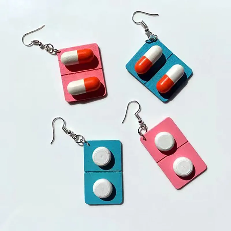 

Y2K novice jewelry, Lovely Girl Heart wooden capsule pills funny funny manual exaggerated ear hook ear clip cute earrings