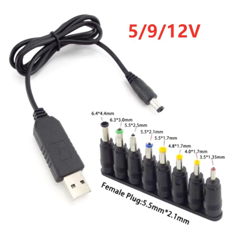 

USB 5V to DC 5V 9V 12V Cable Power Supply Charging Cord 5.5x2.1mm 3.5mm 4.0mm 4.8mm 6.4mm 5.5x2.5mm 8 in 1 Plug for Fan Speaker