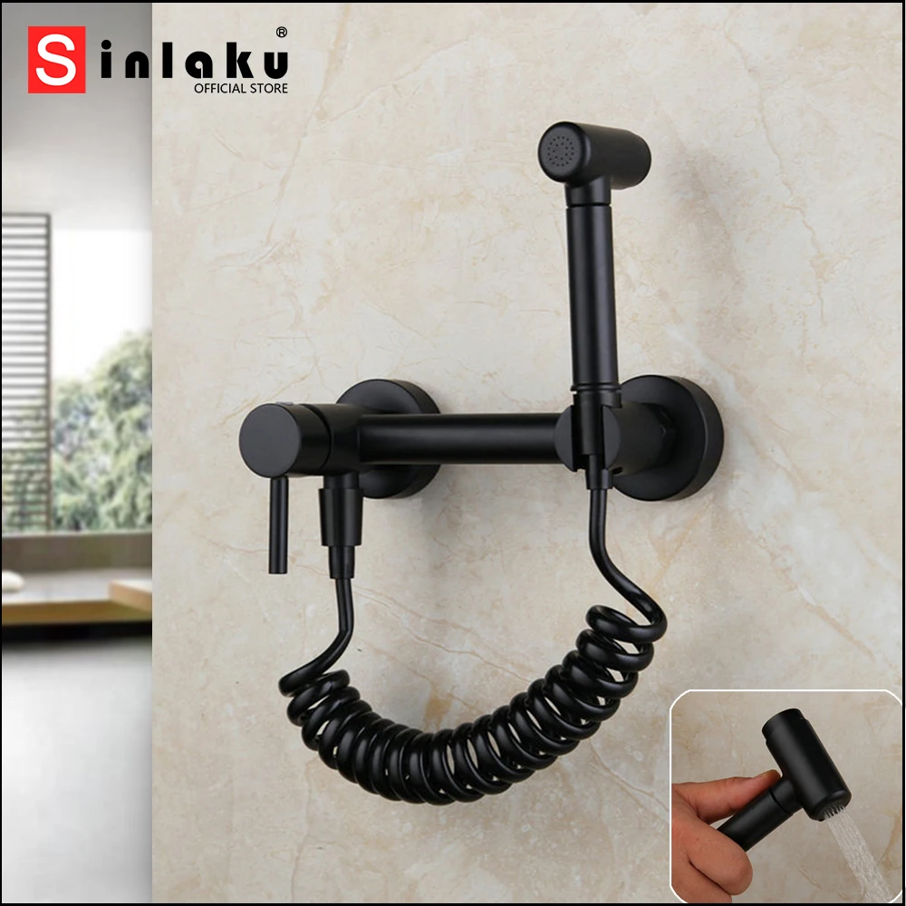 

SINLAKU Matte Black Bathroom Shower Toilet Faucet Wall Mounted Bidet Faucet Hand Shower Bathtub Mixer Faucet Helix Cables Hose