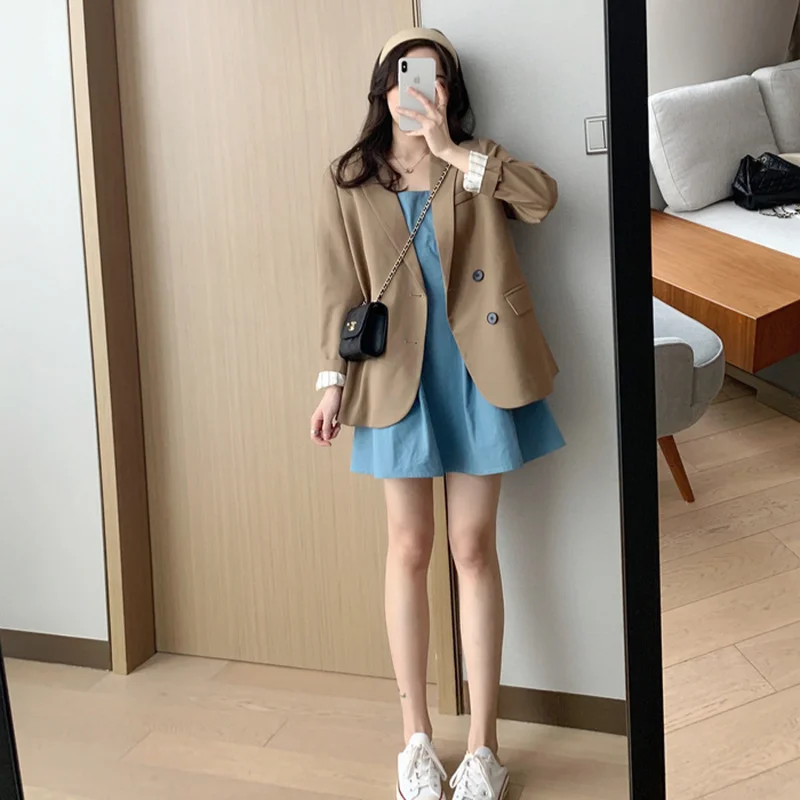 Solid Colors Single Breasted Commute Suit 2021 Spring Autumn New Fashion Indie Aesthetic Blazer Korean Khaki Office Blazer Women