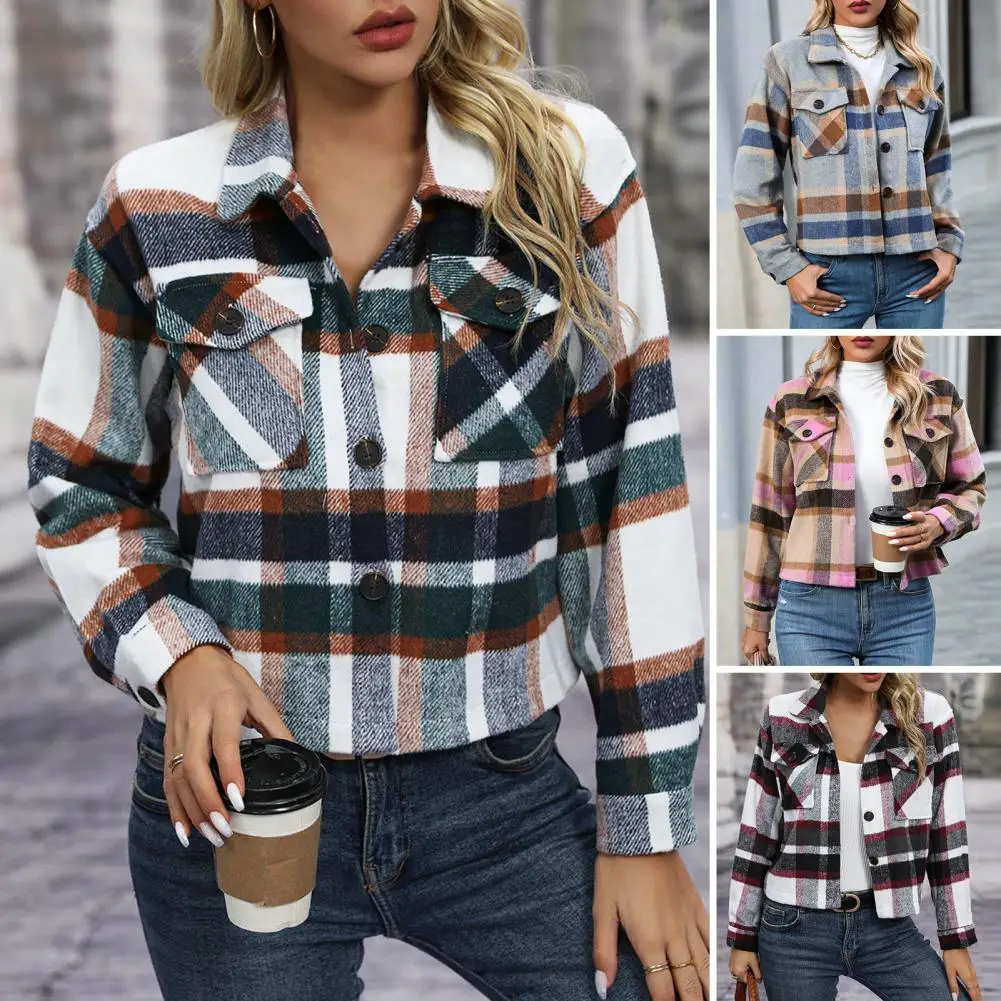 

2023 New Winter Jackets Women Coat Lapel Plaid Single-Breasted Woolen Short Coat Autumn Plaid Print Drop Shoulder Crop Overcoat