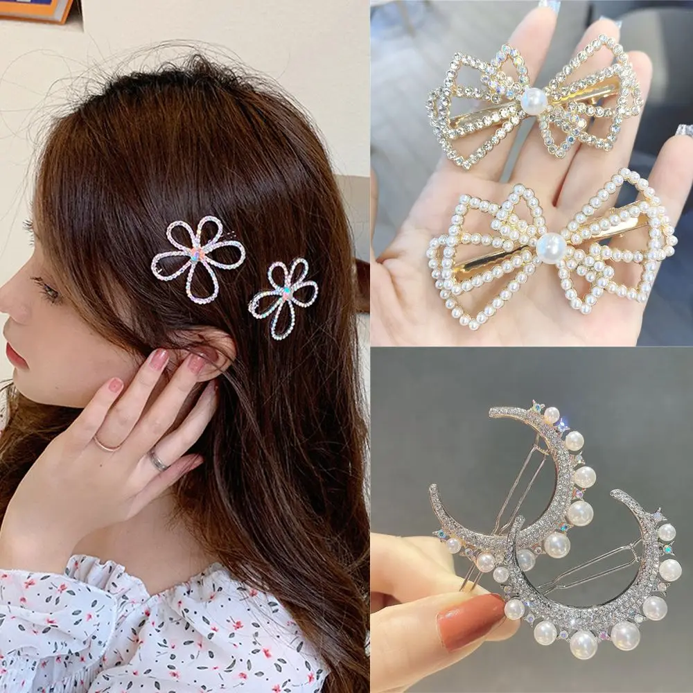 

Fashion Headwear Hair Accessories Rhinestone Pearl Barrettes Bow Hairpin Female Bangs Word Clip Hair Clips