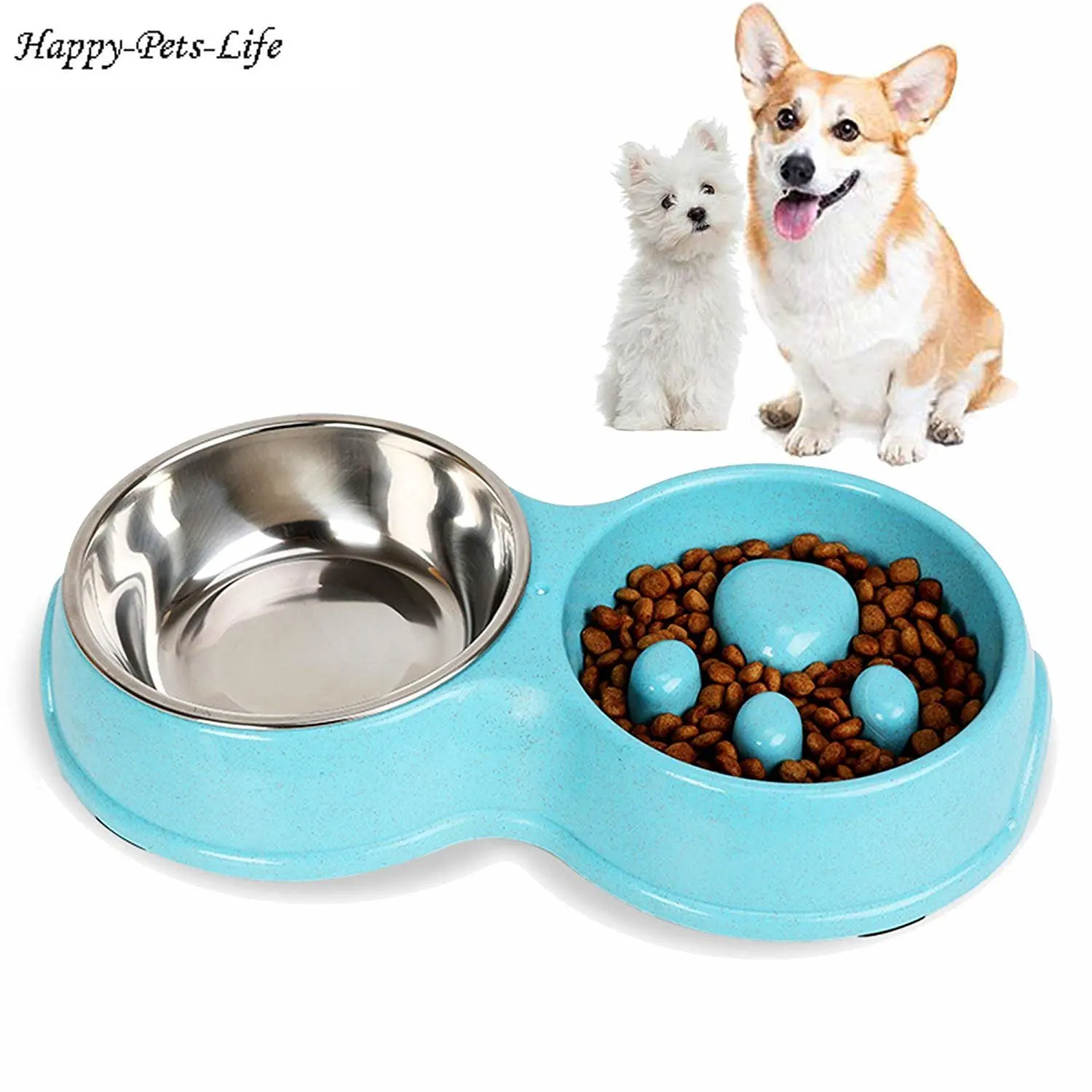 Pet Dog Bowl Anti-choking Stainless Steel Double Bowls For Cat Puppy Anti-slip Slow Feeder And Drinking Water Dish Pets Supplies