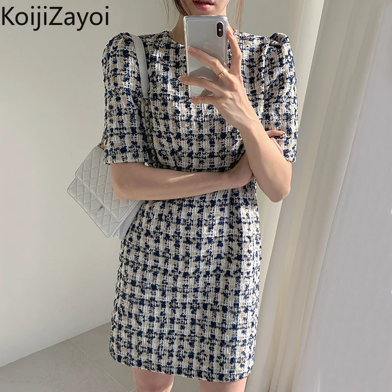 

Koijizayoi Elegant Women Tweed Midi Dress Short Sleeves O Neck Office Lady Chic Korean Dresses Female Bodycon Vestidos Dropship