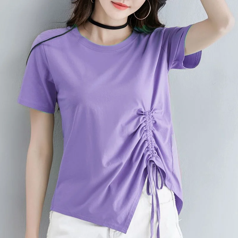 

Summer Women Short Sleeve T-shirt Large Loose Korean Version Solid Color T-shirt Fashion Streetwear Black Drawcord Top