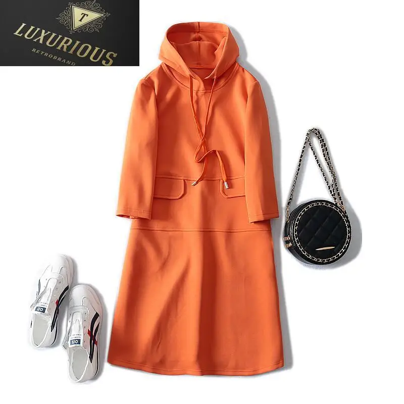 

Женское платье с капюшоном, повседневное эластичное платье до колен в Корейском стиле, осень 2023