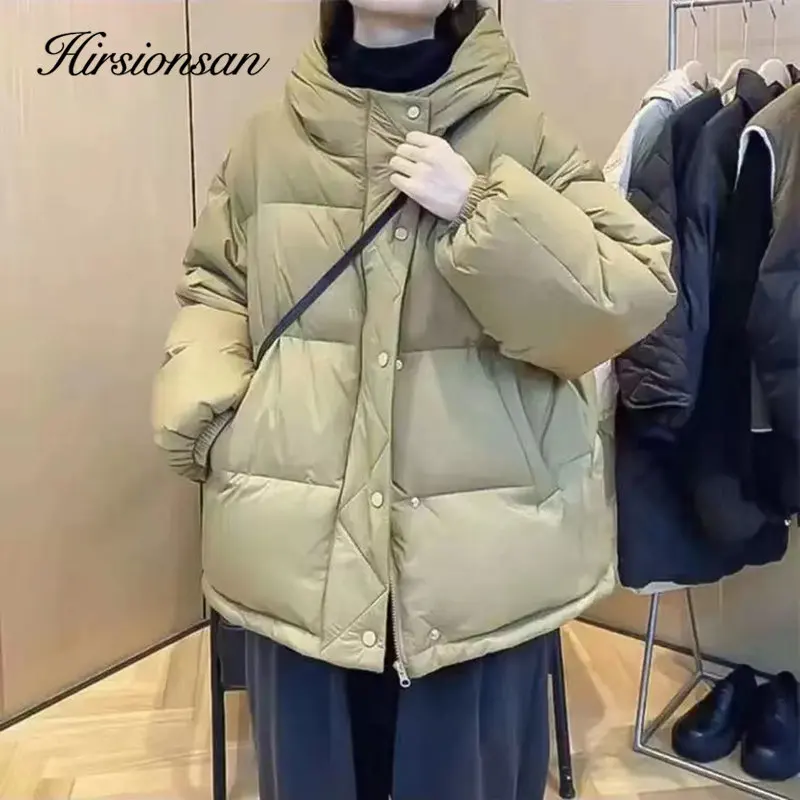 

Hirsionsan Korean Short Hooded Down Jacket Women Loose Casual Fashion Thicken Warm Coat Female Winter Temperament Commute Parkas
