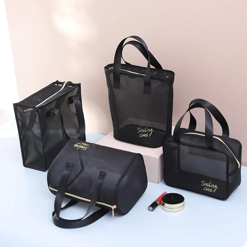 

Factory Supply Mesh Black Cosmetic Storage Pouch Breathable Makeup Brushes Toiletry Organizer Cases Zipper Bath Makeup Bags