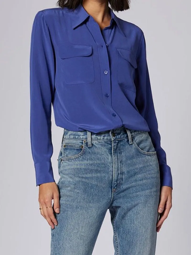 

Женская блузка из 100% шелка, голубая рубашка с длинным рукавом, новинка 2023, Женский однобортный Топ с двойными карманами, блузка с отложным воротником