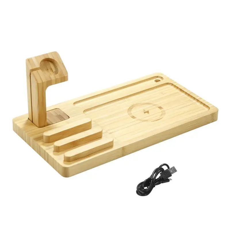 

Бамбуковая зарядная станция, многофункциональная беспроводная зарядная подставка 10 Вт, беспроводное зарядное устройство 4 в 1, настольное, ...