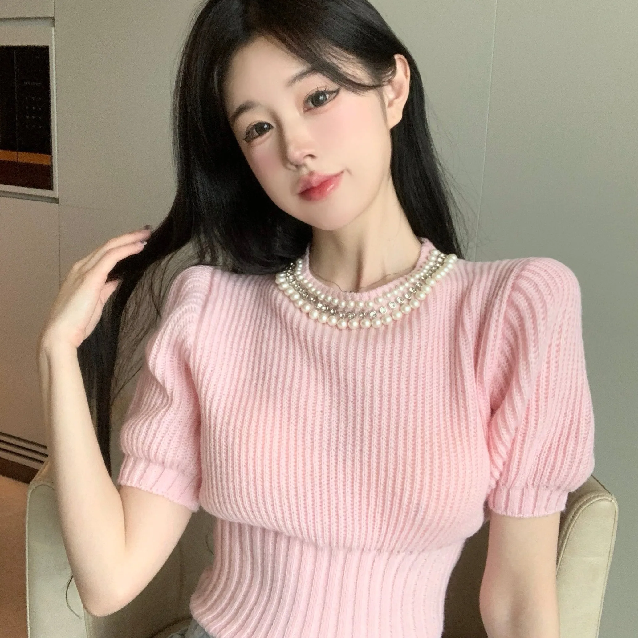 

Heavy-duty Beaded High Waist Short Chic Sweater Women's Summer Design Niche Sweet Tight Waist Slimming Short-sleeved Top