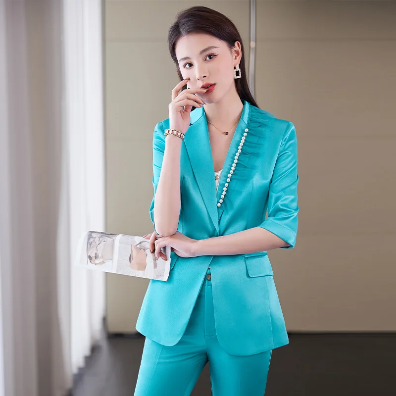 IZICFLY New Style Blue Summer Half Beading Office Blazer And Pants Set For Women 2022 Work Wear Business OL 2 Piece Suit Outfits