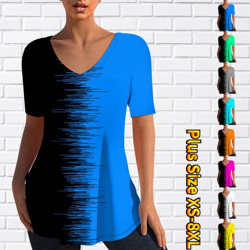 

Summer V-Neck Top Casual Long T-shirt Fashion Short Sleeve T-Shirt New Design Printing Pullover Top Women's 3D Printing T-Shirt
