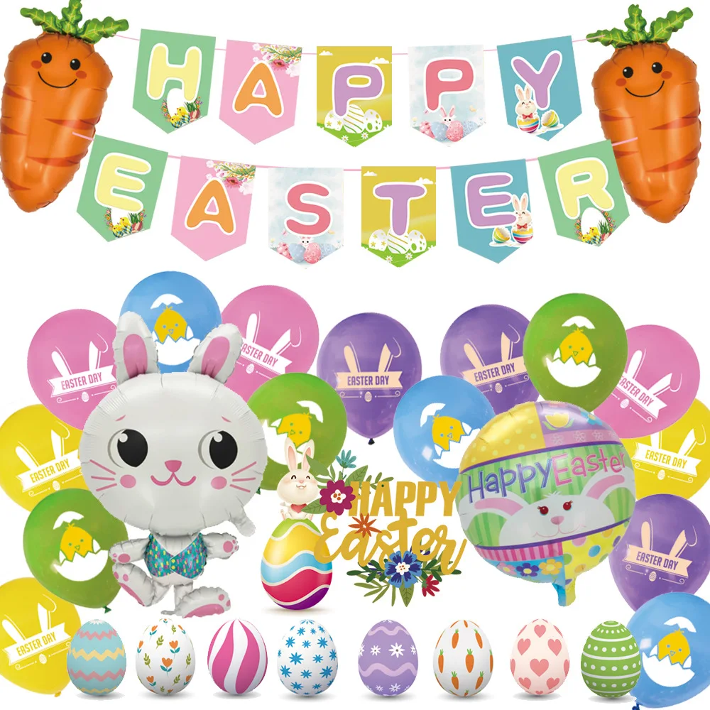

2023 Happy Easter Day Rabbit Egg Carrot Chicken Balloons Easter Party Banner Bunny Colorful Egg Cake Topper Atmosphere layout