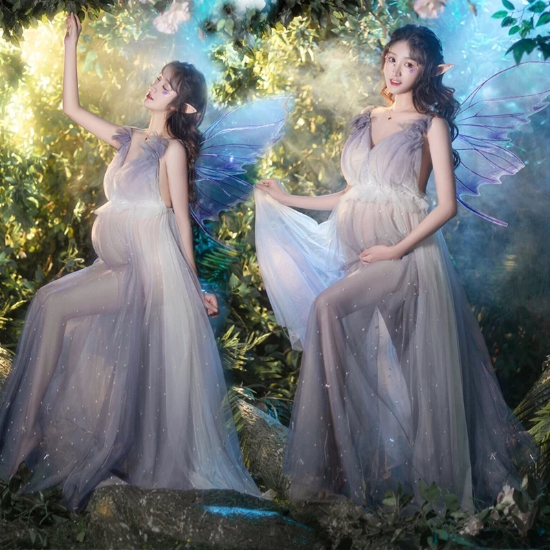 Women Photography Props Champange Mesh V-neck Fairy Elegant Maternity Dresses Perspective Pregnancy Dress for Studio Shooting