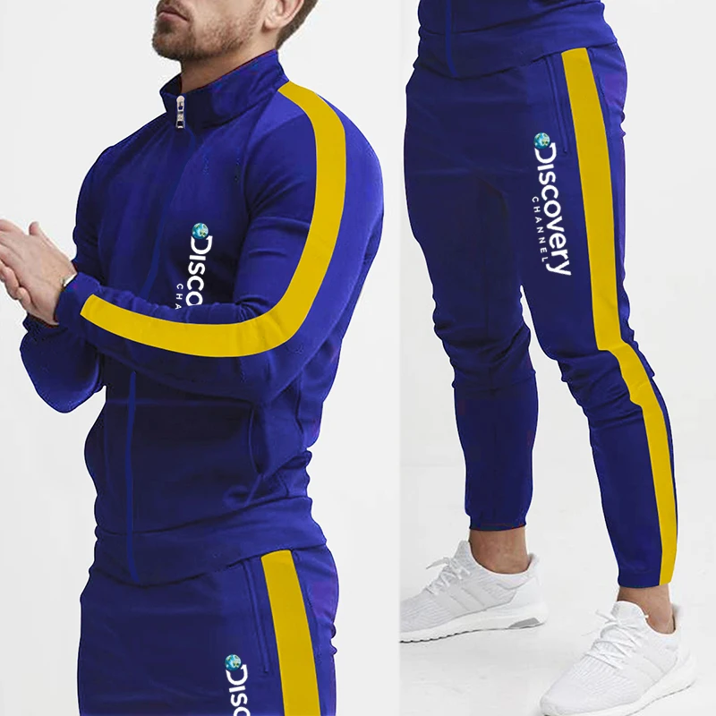 Men's Spring and Autumn Fashionable Color Scheme, High-quality Cardigan Set, Street Casual Sports Brand-name Top Top + Leggings