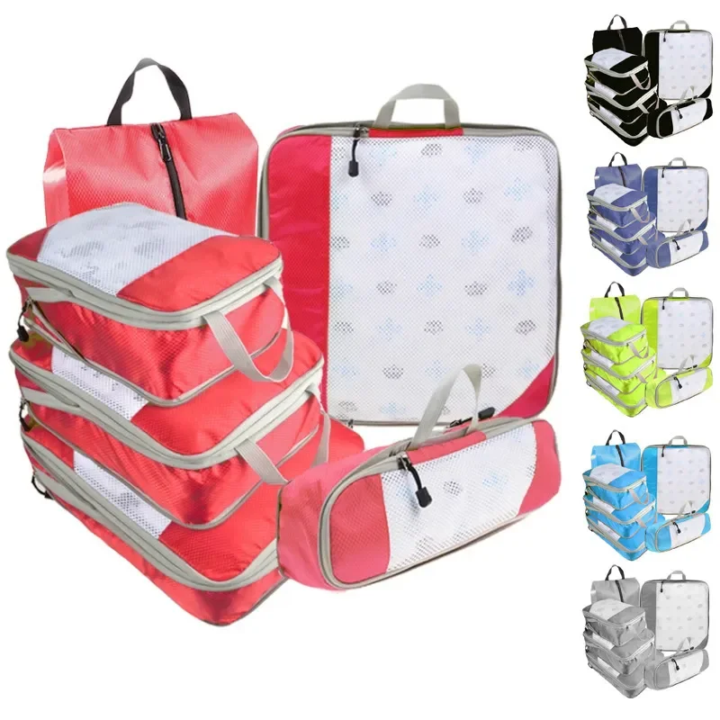 

6PCS Compressed Travel Storage Organizer Set Shoe Bag Mesh Cloth Visual Luggage Portable Packing Cubes Lightweight Suitcase Bag