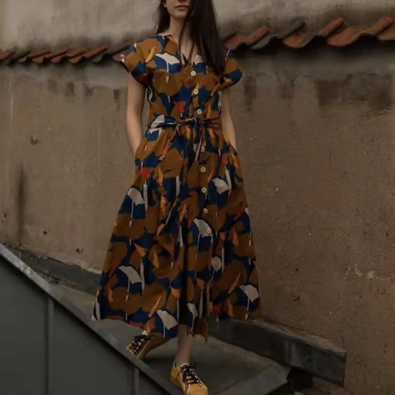 

Vintage Oil Painting Print V Neck Short Sleeve Midi Dress 2022 New Women's Fashion Pleated Single Breasted Lace Up Robe