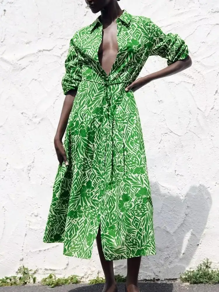 

Vintage Ladies Printed Dresses 2023 Summer Elegant Single Breasted Beach Style Mid-calf Dress A-line Party Vestidos