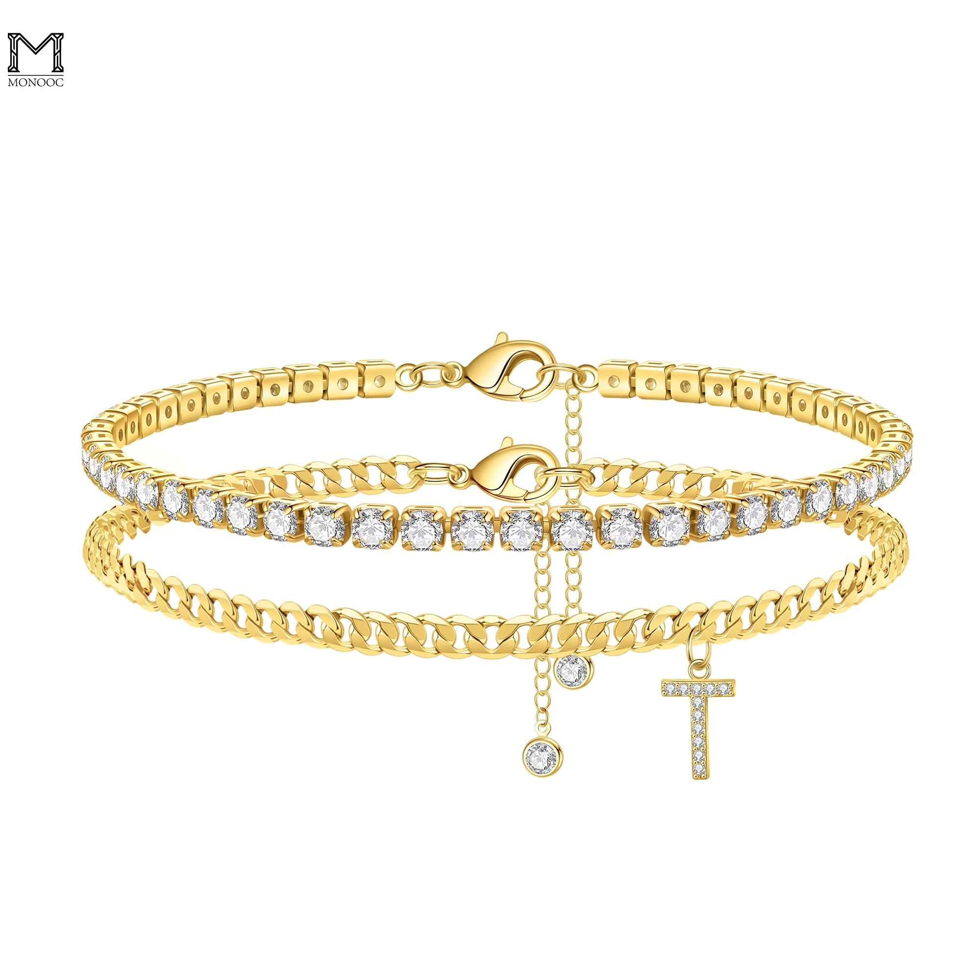 

MONOOC Women Initial Anklet, 14K Gold Plated Layered Cubic Zirconia Tennis Ankle Bracelets Dainty Letter Initial Anklet T-Z