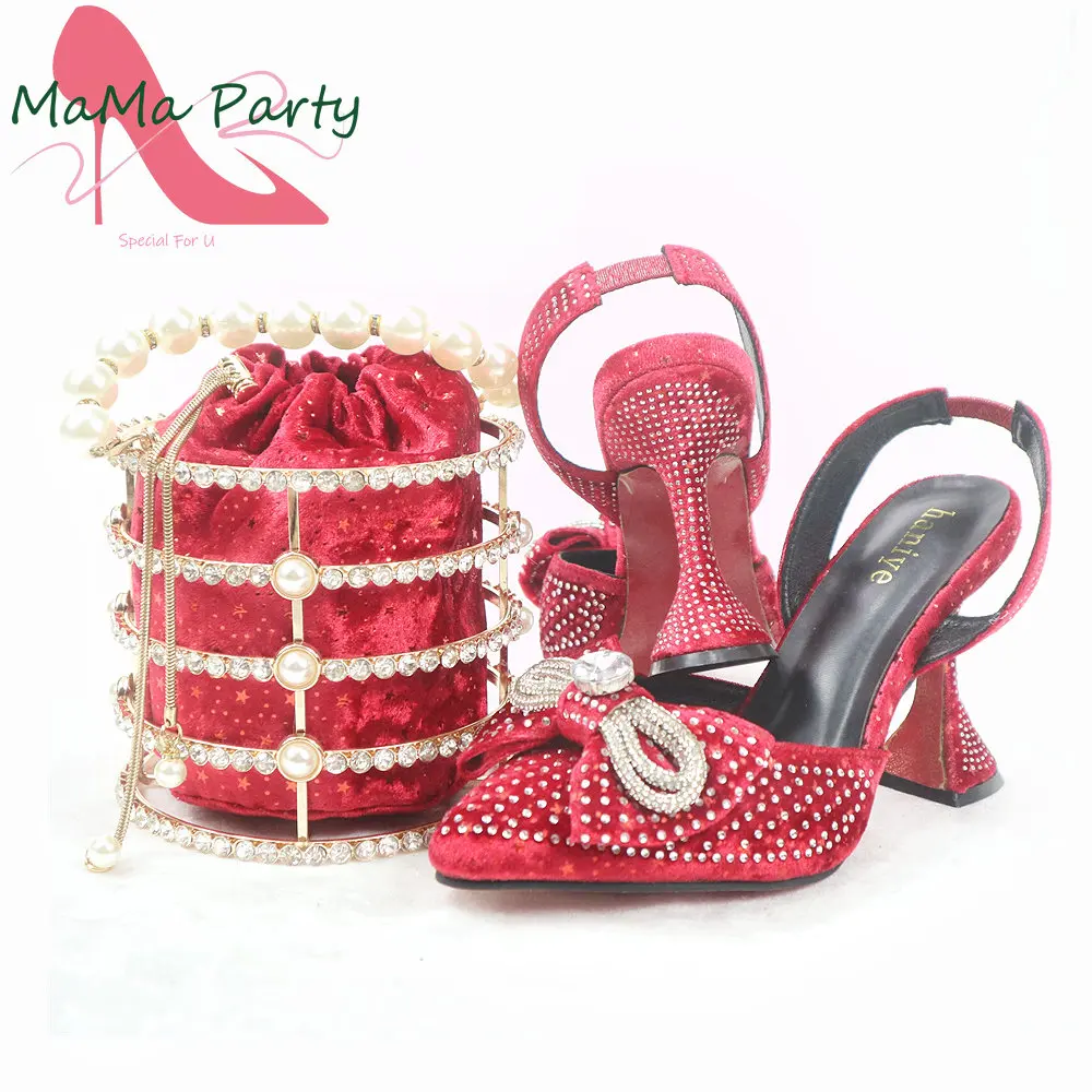 

2023 Mature Style Nigerian Women Shoes and Bag Set Decorate with Rhinestone in Red Color For Christmas Party
