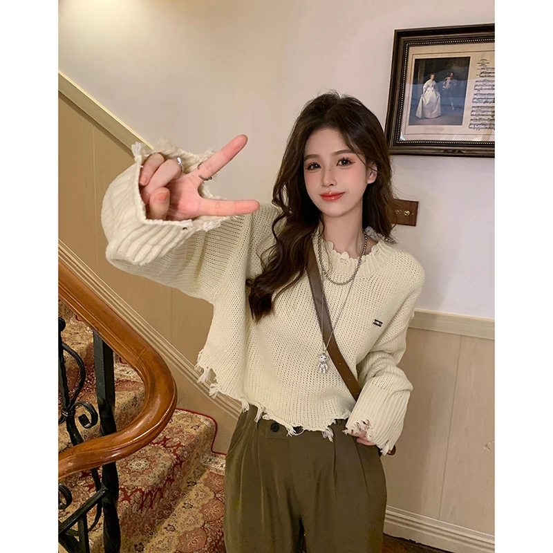 

2022 New Broken Short Wool Edge Long Sleeve Sweater Women's Loose Outwear Knitting Free Shipping