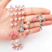 6colors cross rosary necklace imitation pearl rose flower virgin mary pendant rosary cross necklace catholic religious jewelry