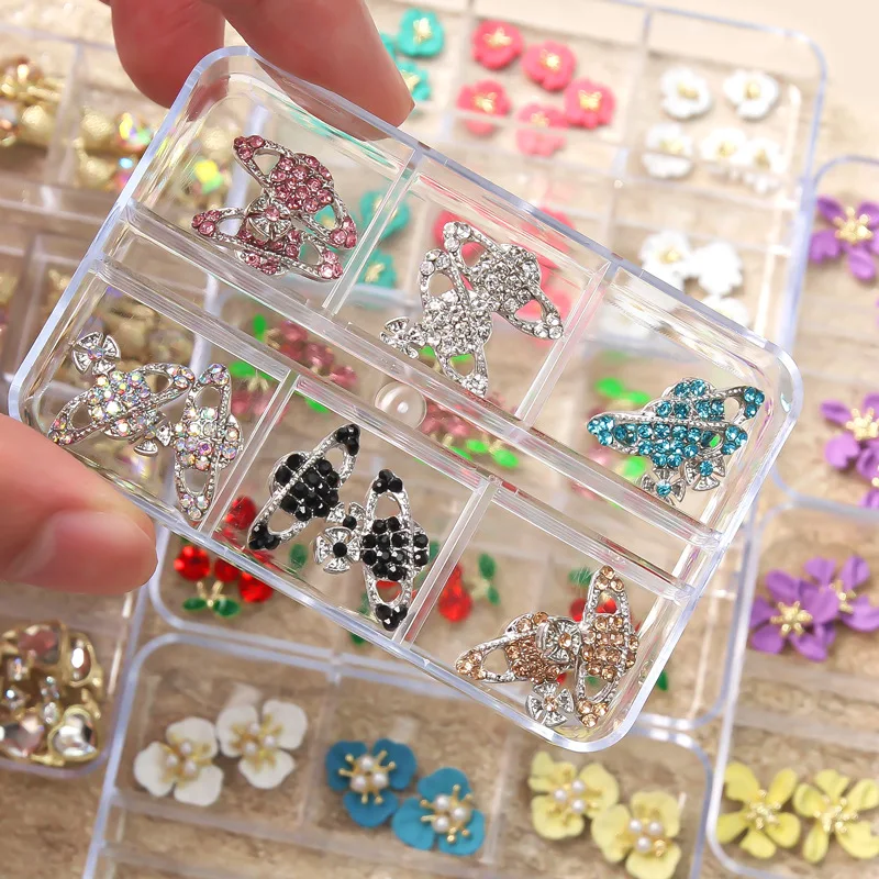 

6 grid nail jewelry box set Camellia cherry Planet alloy jewelry wholesale diamond set nail art luxe nail rhinestones