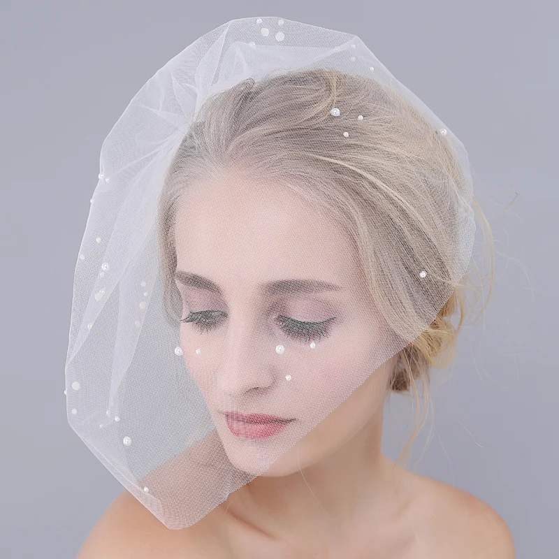 

O921 Simple Blusher Wedding Bridal Short Veil One-Layer Netting Pearls Beading Cut Edge Marriage Bride White Veil