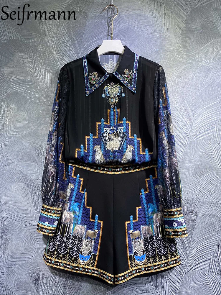 

Seifrmann High Quality Spring Women Fashion Designer Shorts Sets Lantern Sleeve Blouses + High Waist Vintage Print Shorts Suits