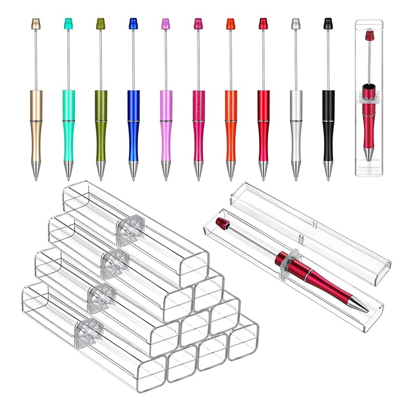 

10 Pcs Plastic Beadable Pen With 10 Pcs Pen Boxes Gift Clear Acrylic Pen Boxes Boxes Gift Empty For Kids Students Office